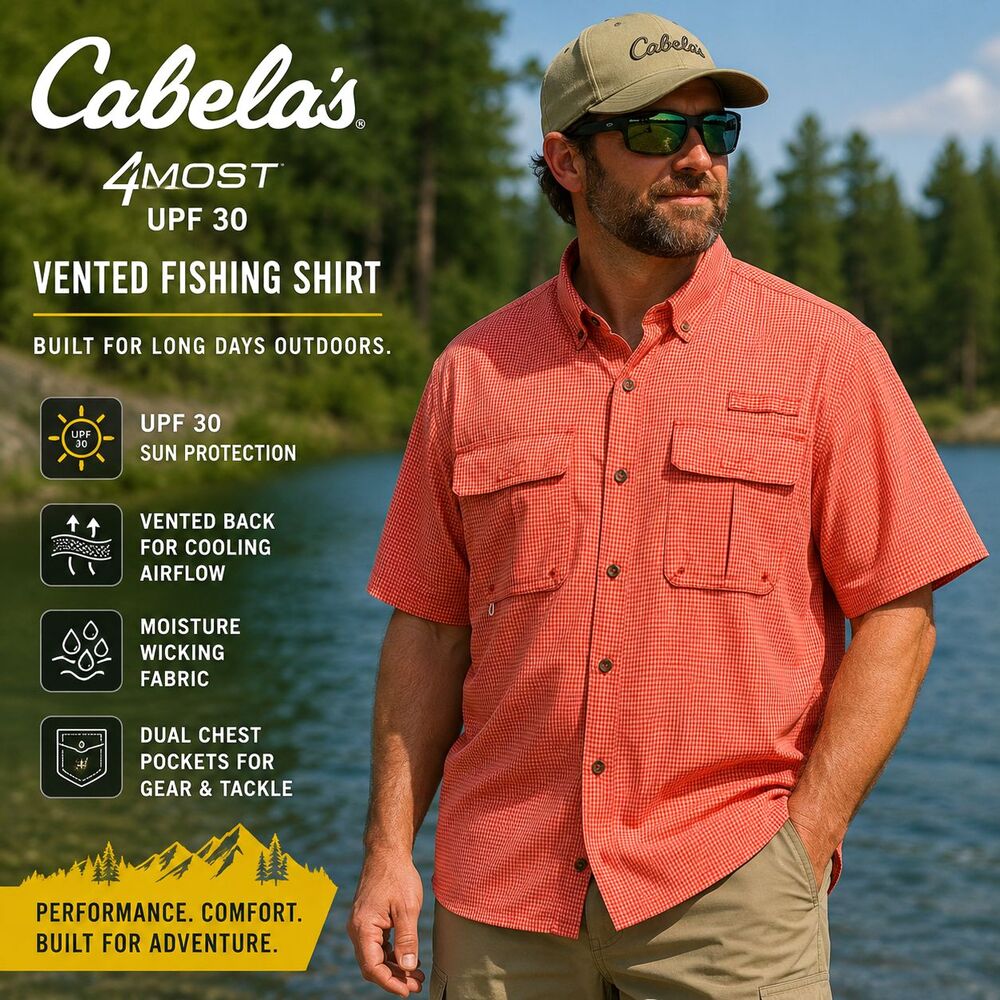 Cabela's Vented Shirt L Orange Gingham Button Collared 4Most UPF Fishing Outdoor